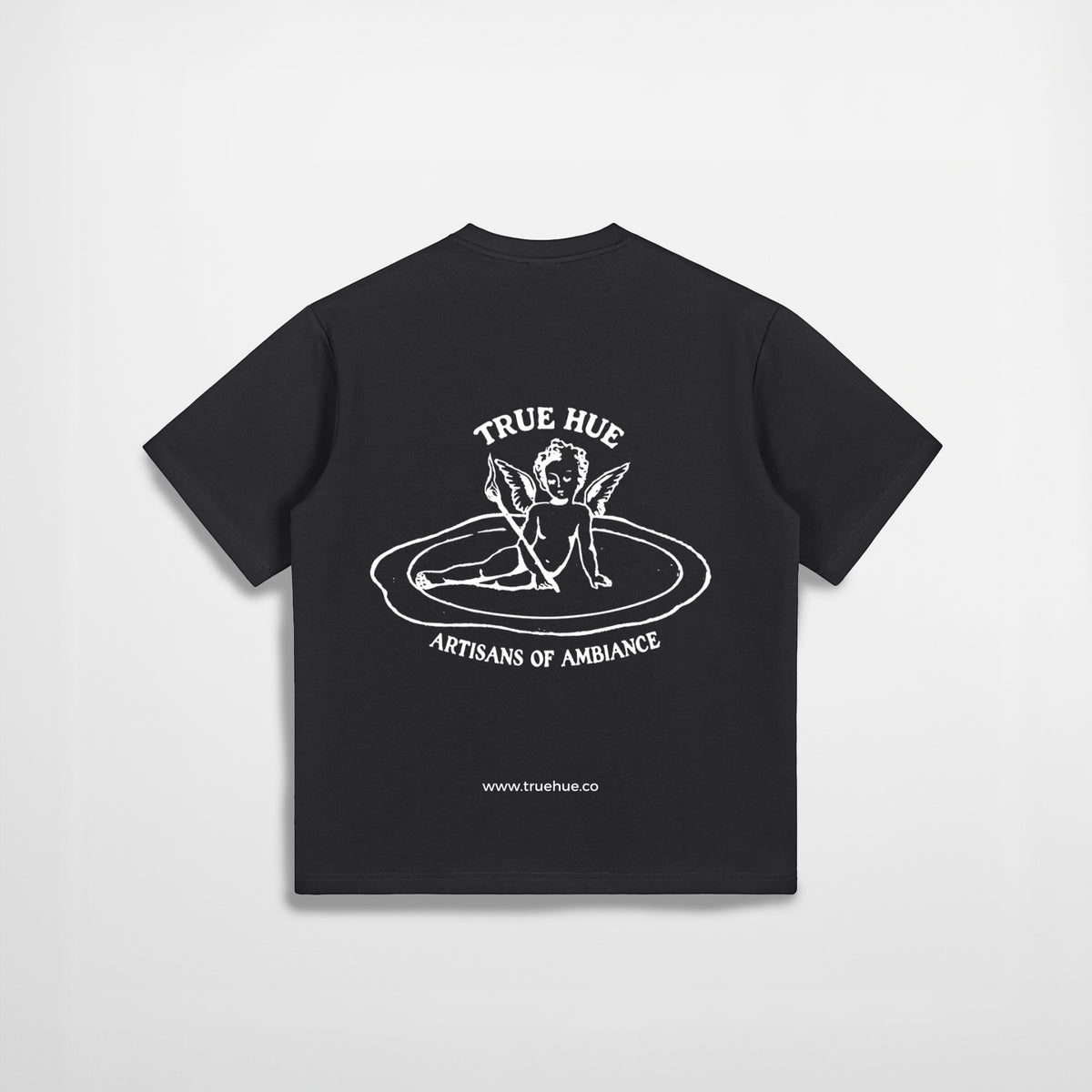 Black t-shirt with white graphic and text on a light gray background