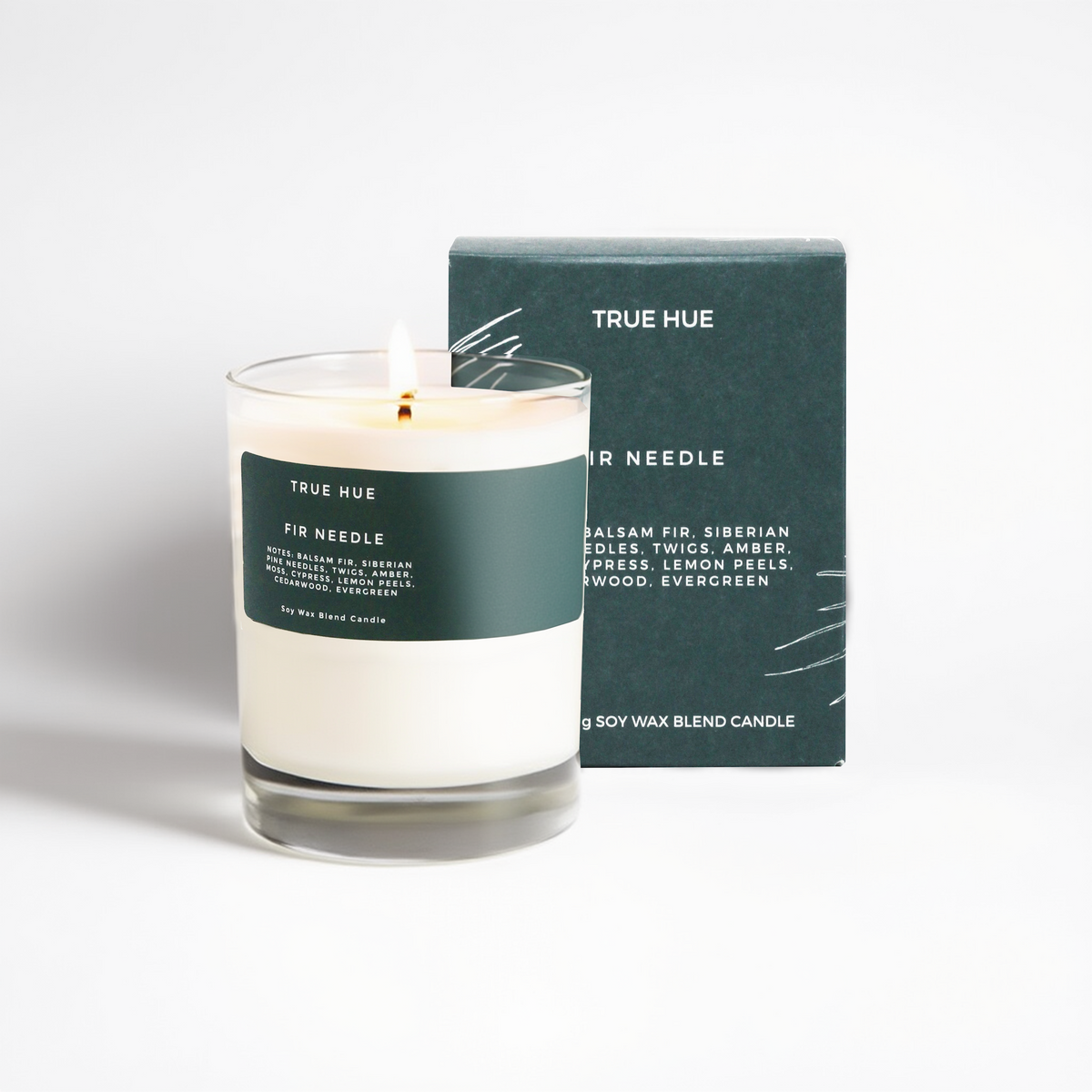 True Hue candle with packaging on a white background