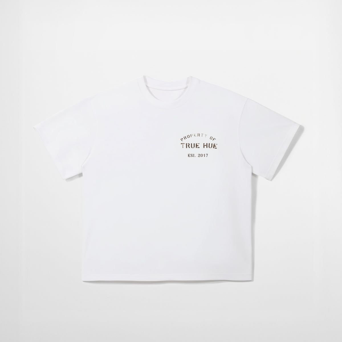 White t-shirt with 'True Hue' logo on a white background