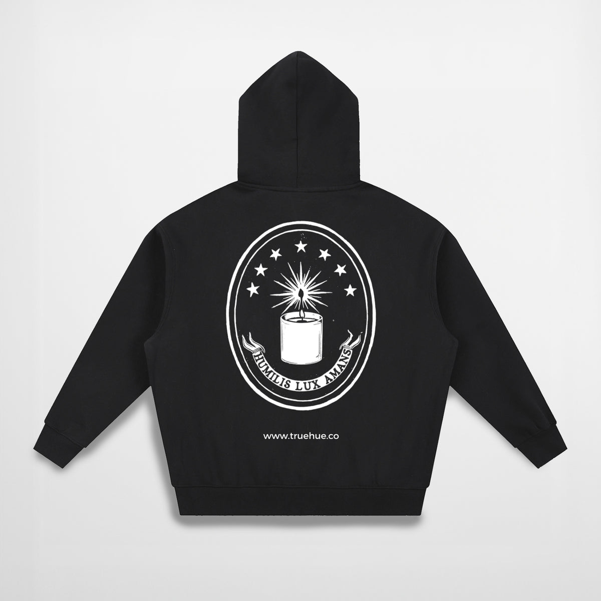 Black hoodie with a white logo on the back against a light gray background
