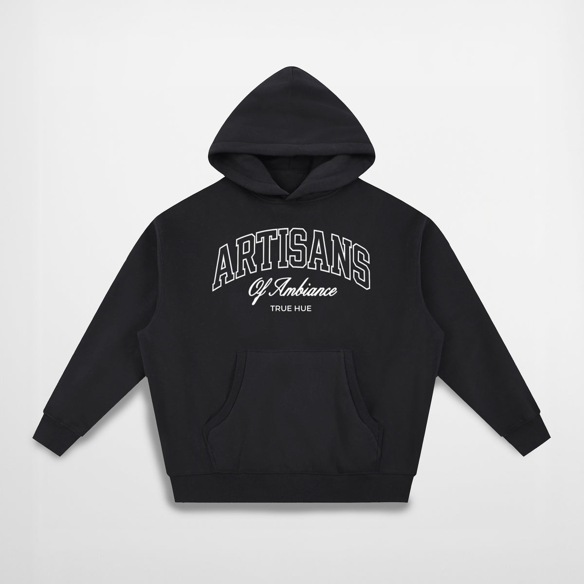 Black hoodie with 'Artisans of Ambiance' text on a white background