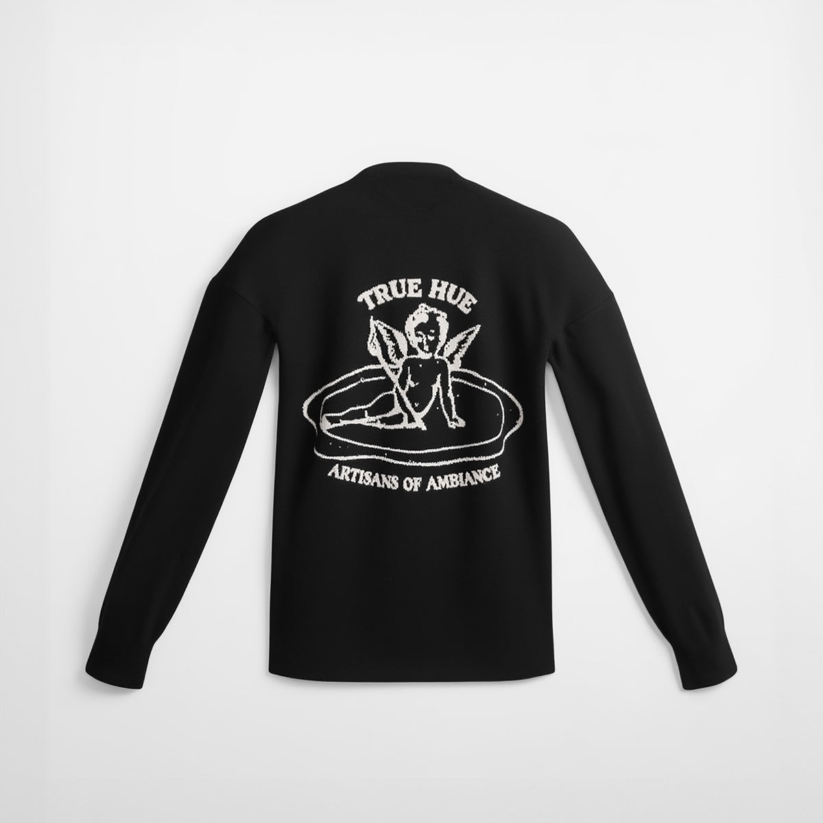 Black long-sleeve shirt with white graphic and text on a light gray background