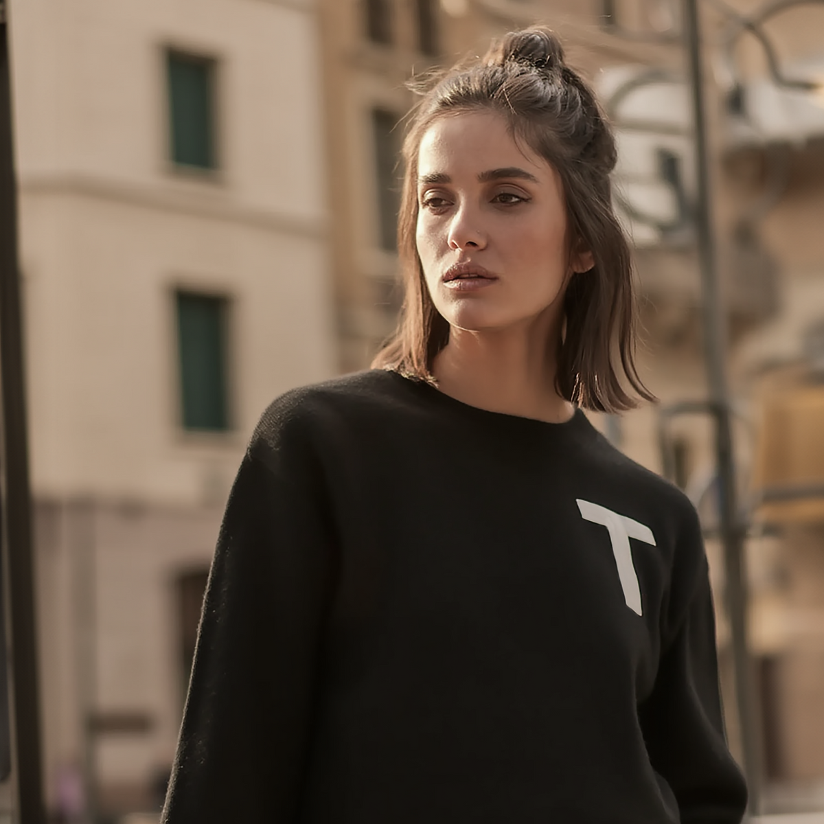 model wearing Varsity T Sweater